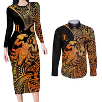 Zodiac Scorpio Couples Matching Long Sleeve Bodycon Dress and Long Sleeve Button Shirts Polynesian in Orange TS04