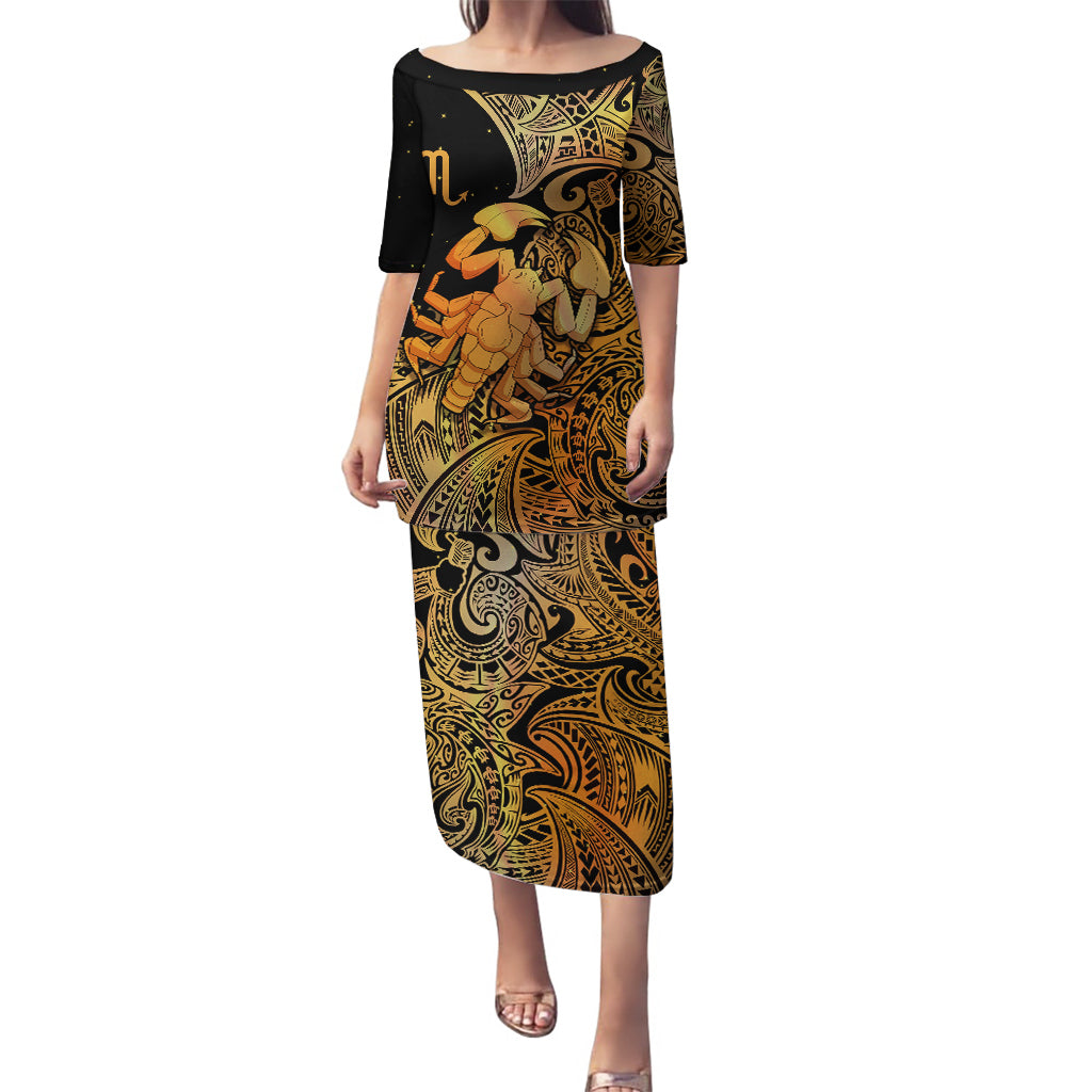 Zodiac Scorpio Puletasi Polynesian in Orange TS04 Long Dress Orange - Polynesian Pride