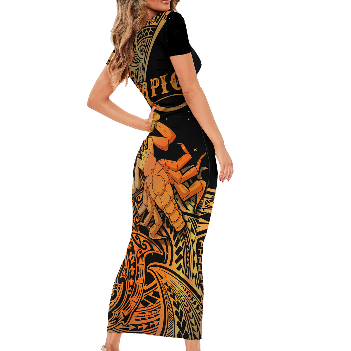 Zodiac Scorpio Short Sleeve Bodycon Dress Polynesian in Orange TS04 - Polynesian Pride