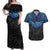 Polynesian Ray Pattern Couples Matching Off Shoulder Maxi Dress and Hawaiian Shirt TS04 Black/Blue - Polynesian Pride