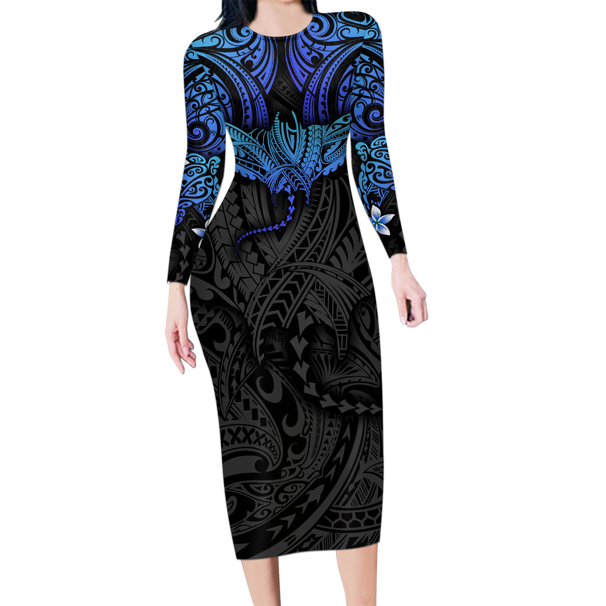 Polynesian Ray Pattern Family Matching Long Sleeve Bodycon Dress and Hawaiian Shirt TS04 Mom's Dress Black/Blue - Polynesian Pride
