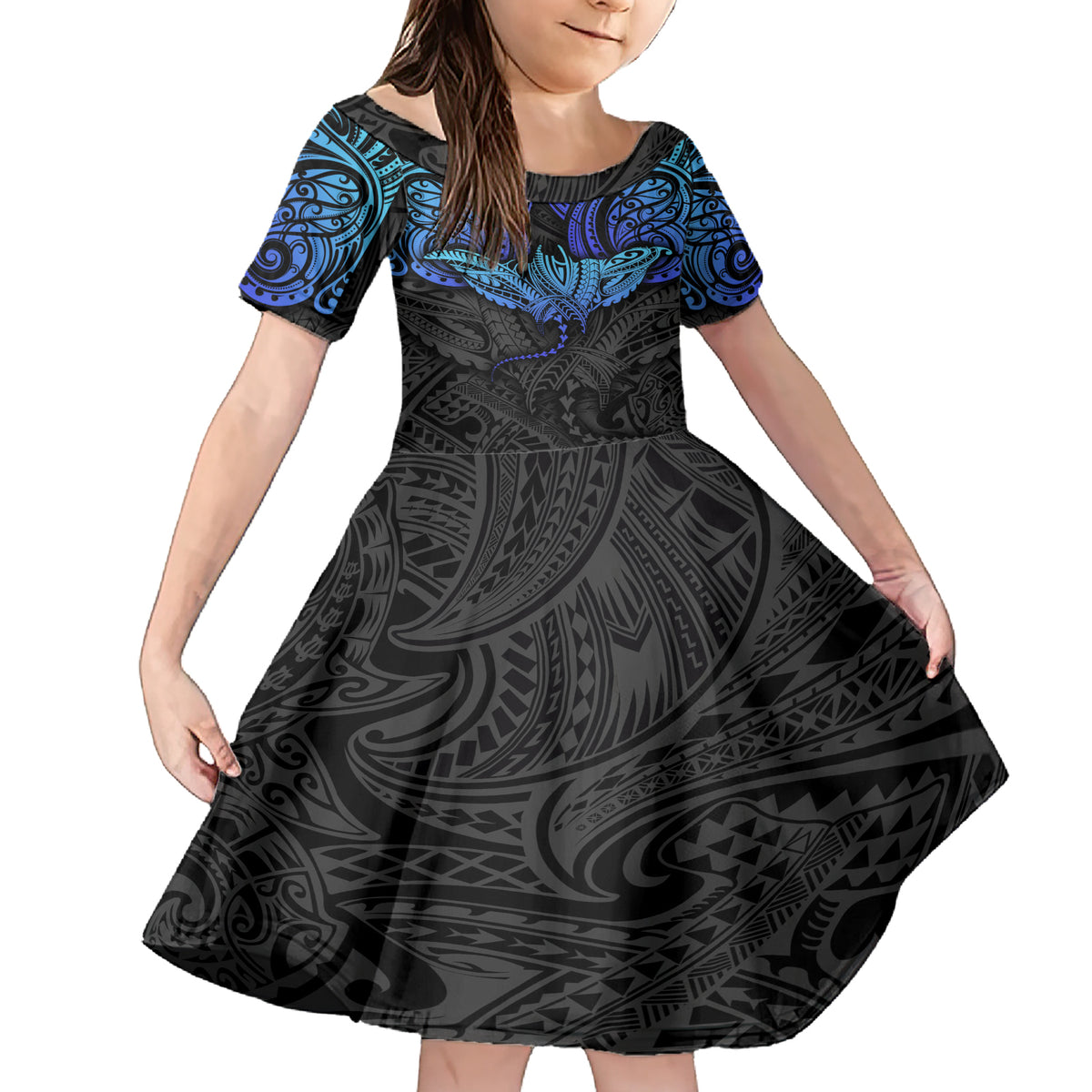 Polynesian Ray Pattern Family Matching Short Sleeve Bodycon Dress and Hawaiian Shirt TS04 Daughter's Dress Black/Blue - Polynesian Pride