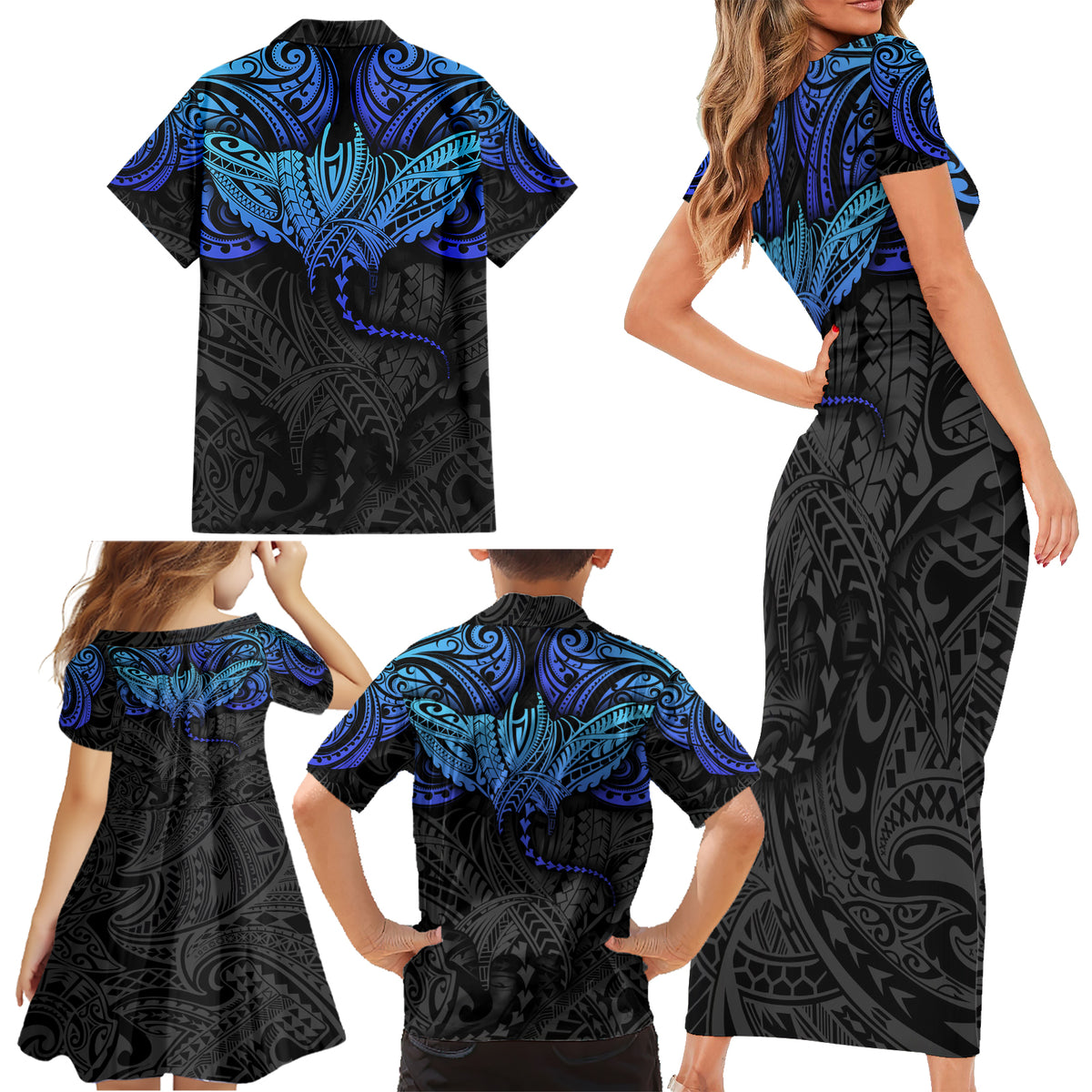 Polynesian Ray Pattern Family Matching Short Sleeve Bodycon Dress and Hawaiian Shirt TS04 - Polynesian Pride