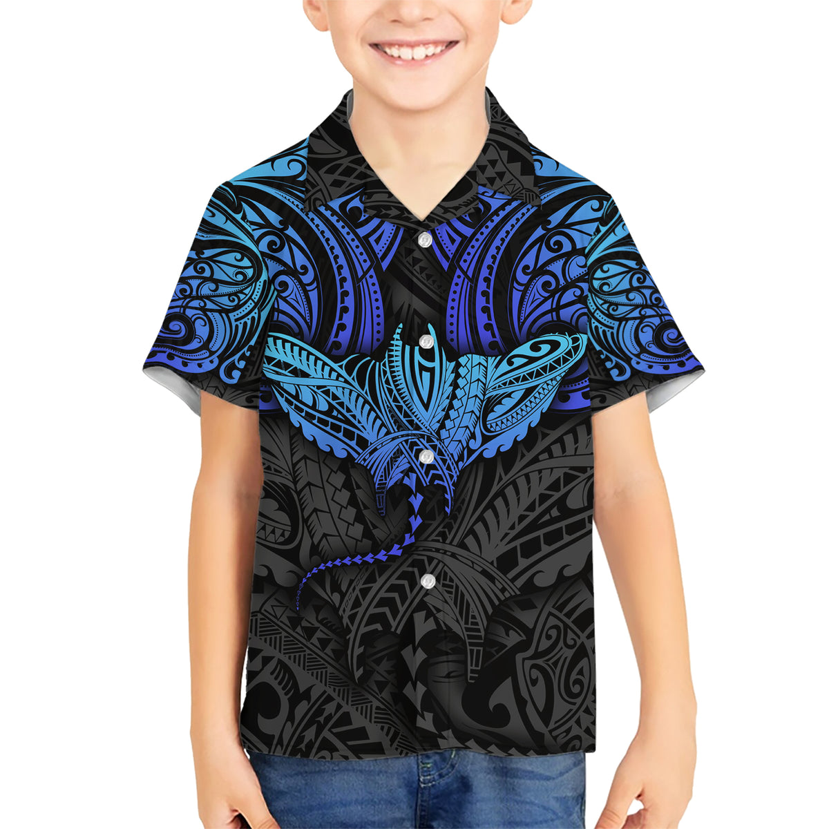 Polynesian Ray Pattern Family Matching Short Sleeve Bodycon Dress and Hawaiian Shirt TS04 Son's Shirt Black/Blue - Polynesian Pride