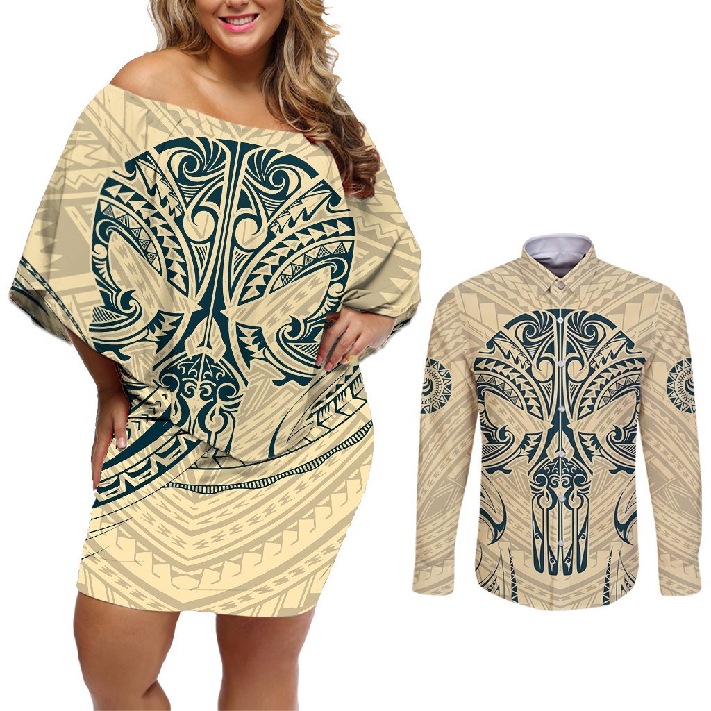 Polynesian Couples Matching Off Shoulder Short Dress and Long Sleeve Button Shirts Warrior Skull with Tribal Patterns Tattoo Design TS04 Yellow - Polynesian Pride