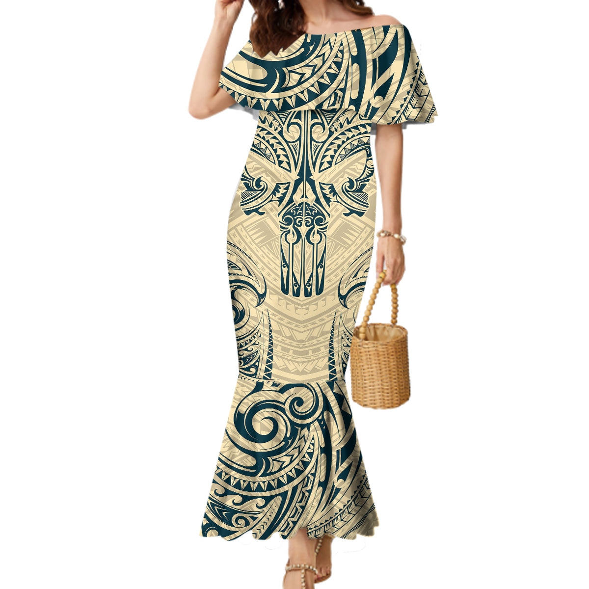 Polynesian Family Matching Mermaid Dress and Hawaiian Shirt Warrior Skull with Tribal Patterns Tattoo Design TS04 Mom's Dress Yellow - Polynesian Pride
