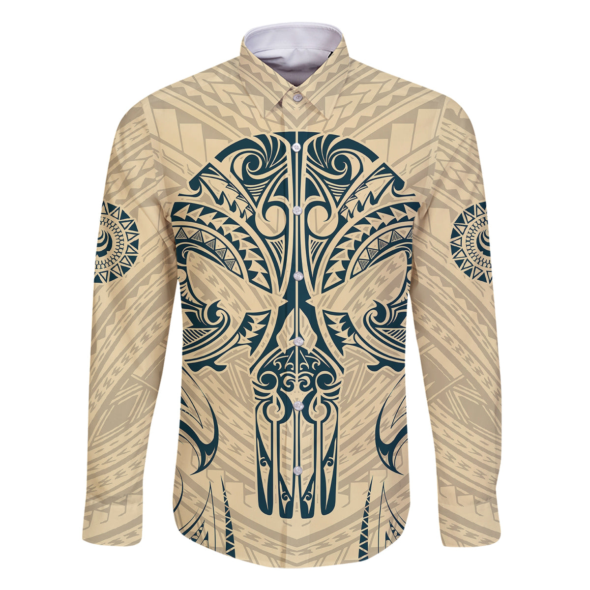 Polynesian Family Matching Off Shoulder Maxi Dress and Hawaiian Shirt Warrior Skull with Tribal Patterns Tattoo Design TS04 Dad's Shirt - Long Sleeve Yellow - Polynesian Pride