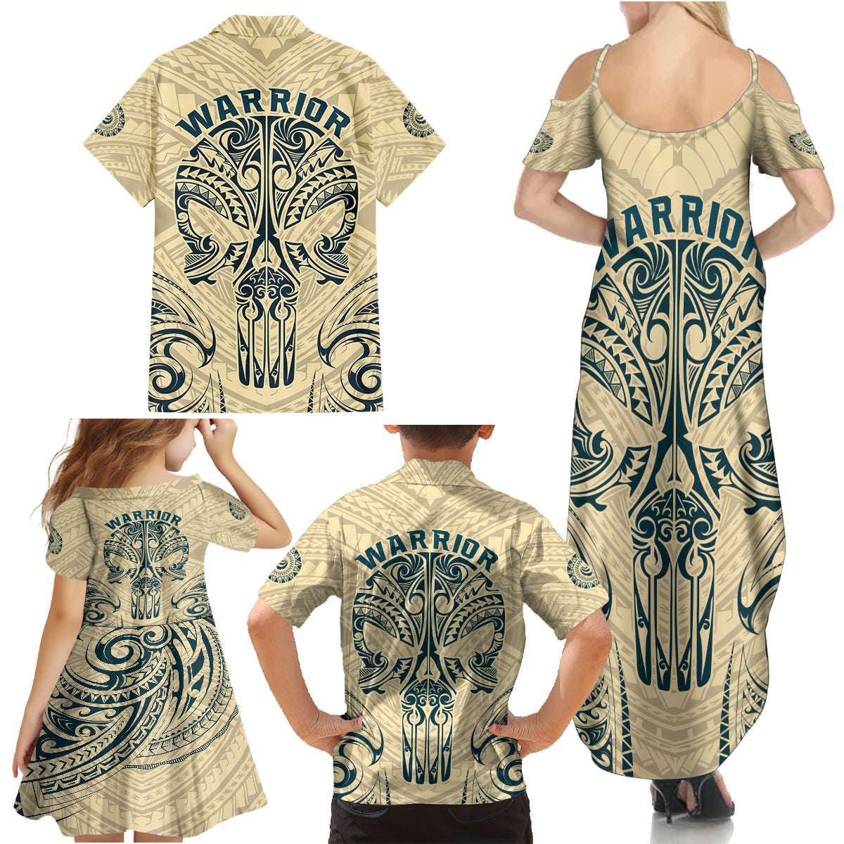 Polynesian Family Matching Summer Maxi Dress and Hawaiian Shirt Warrior Skull with Tribal Patterns Tattoo Design TS04 - Polynesian Pride