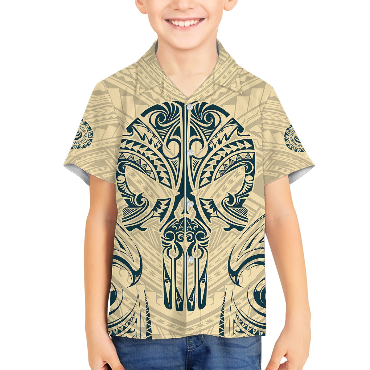 Polynesian Family Matching Summer Maxi Dress and Hawaiian Shirt Warrior Skull with Tribal Patterns Tattoo Design TS04 Son's Shirt Yellow - Polynesian Pride