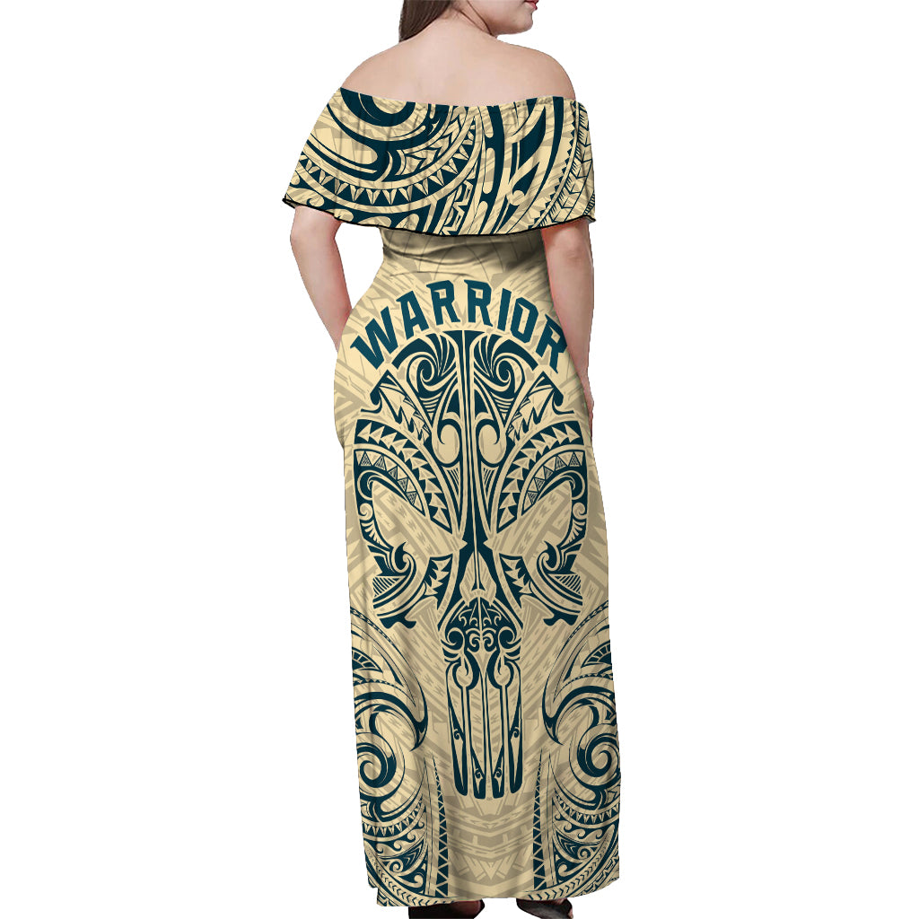 Polynesian Off Shoulder Maxi Dress Warrior Skull with Tribal Patterns Tattoo Design TS04 - Polynesian Pride