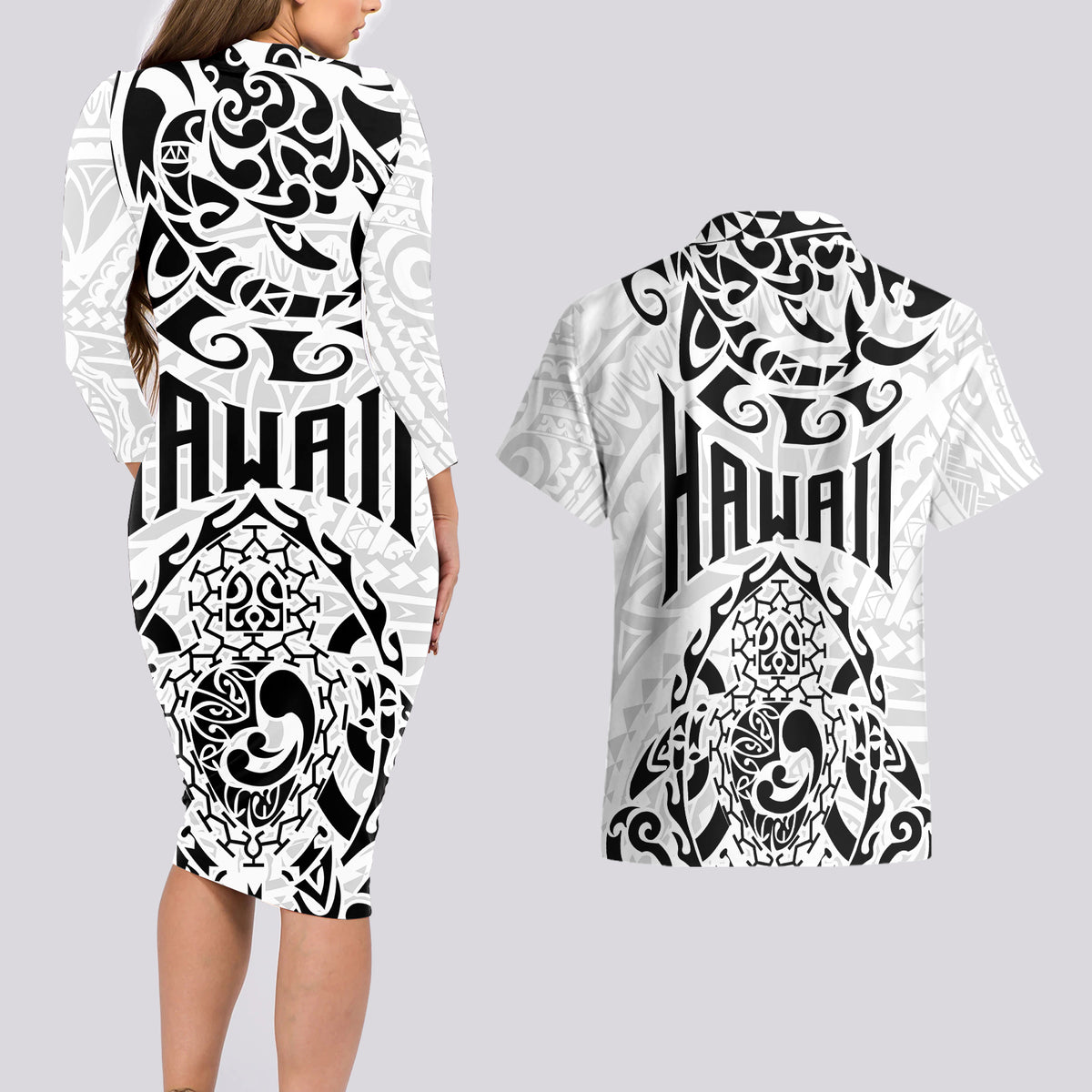 Hawaii Couples Matching Long Sleeve Bodycon Dress and Hawaiian Shirt with Polynesian Turtle TS04 - Polynesian Pride