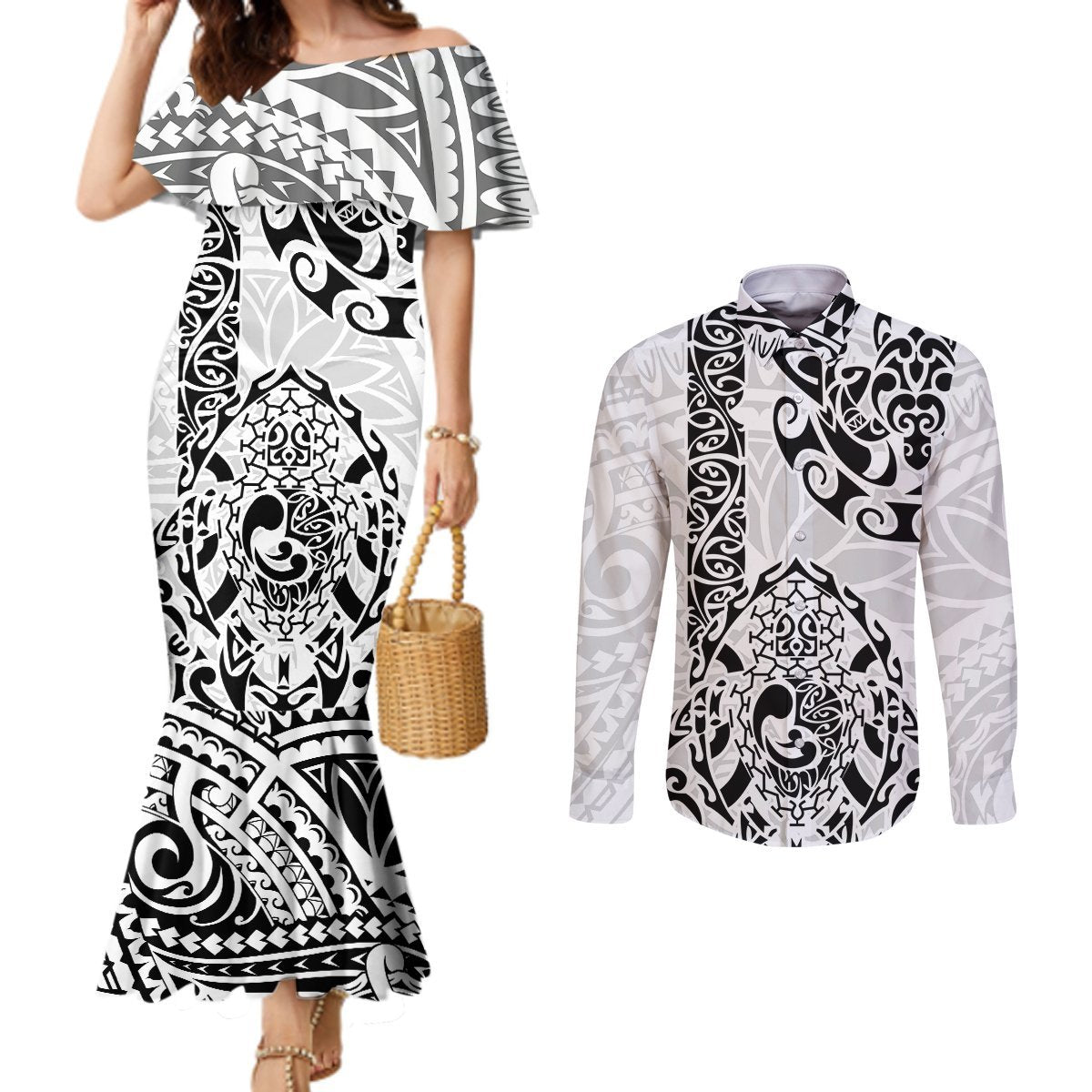 Hawaii Couples Matching Mermaid Dress and Long Sleeve Button Shirts with Polynesian Turtle TS04 Black White - Polynesian Pride