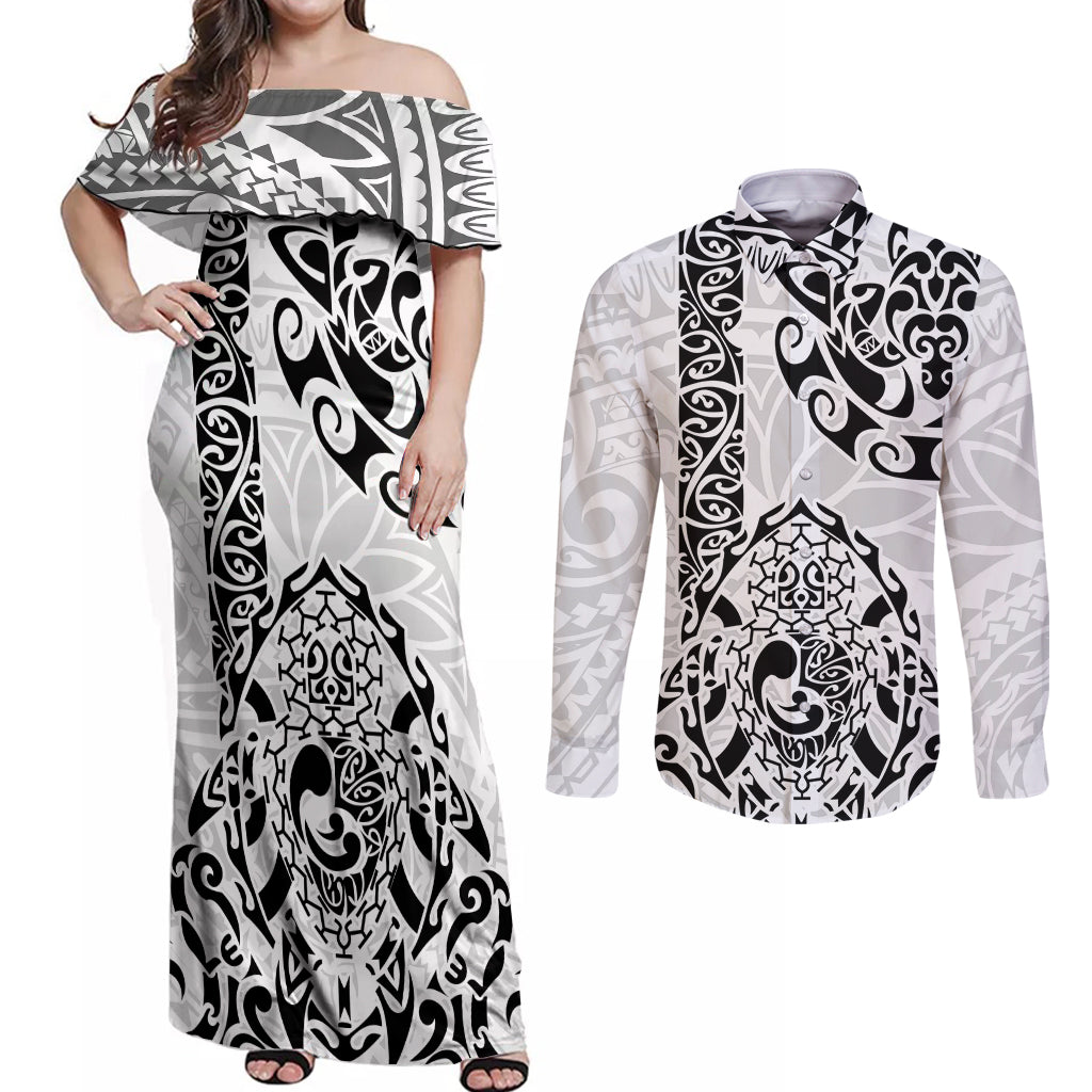 Hawaii Couples Matching Off Shoulder Maxi Dress and Long Sleeve Button Shirts with Polynesian Turtle TS04 Black White - Polynesian Pride