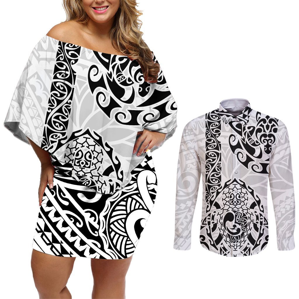 Hawaii Couples Matching Off Shoulder Short Dress and Long Sleeve Button Shirts with Polynesian Turtle TS04 Black White - Polynesian Pride