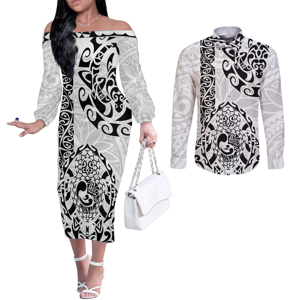 Hawaii Couples Matching Off The Shoulder Long Sleeve Dress and Long Sleeve Button Shirts with Polynesian Turtle TS04 Black White - Polynesian Pride