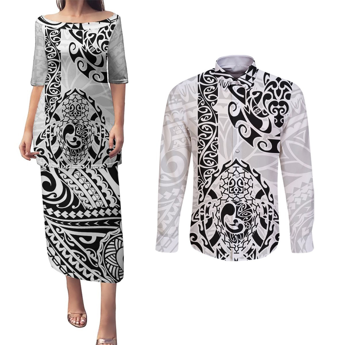 Hawaii Couples Matching Puletasi Dress and Long Sleeve Button Shirts with Polynesian Turtle TS04 Black White - Polynesian Pride