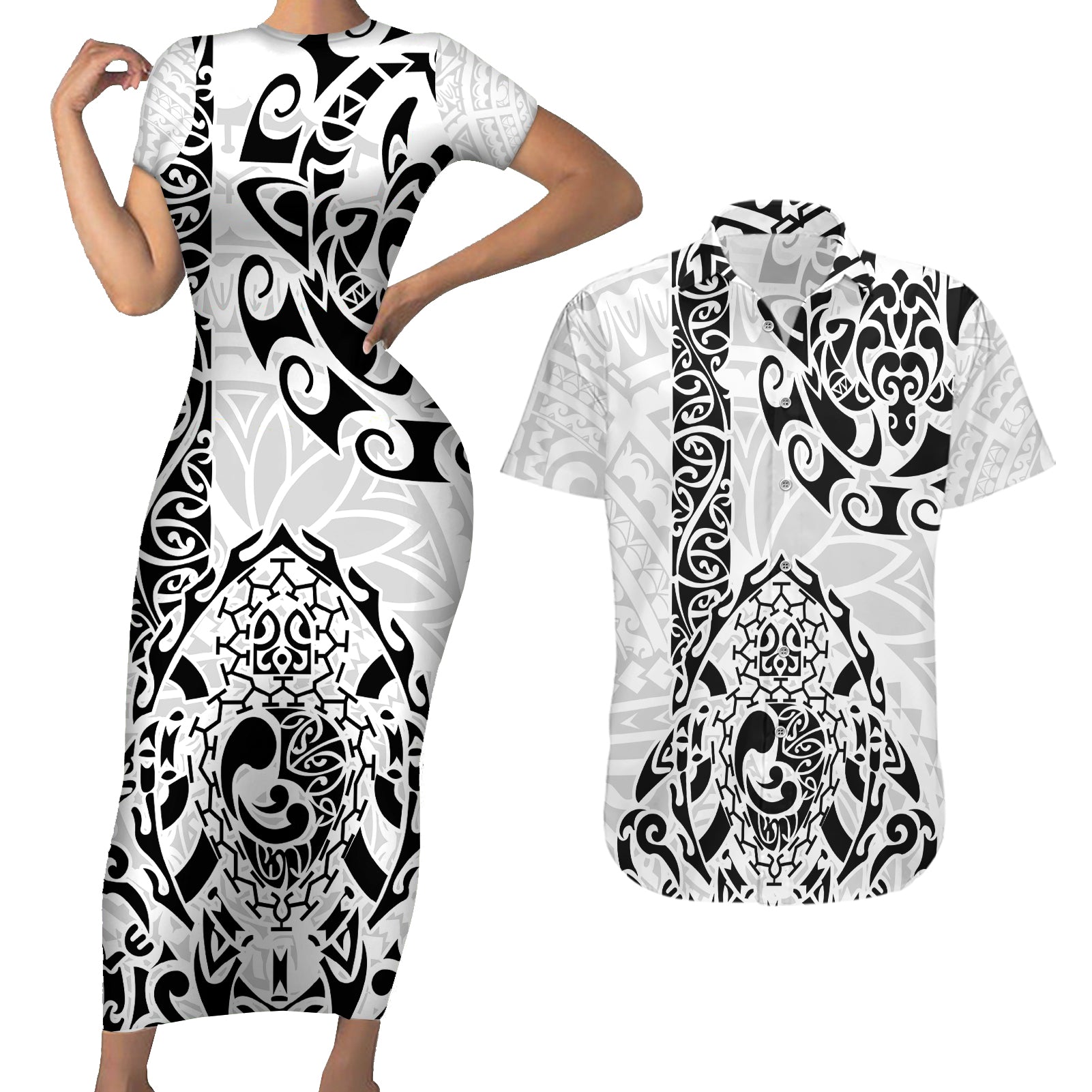 Hawaii Couples Matching Short Sleeve Bodycon Dress and Hawaiian Shirt with Polynesian Turtle TS04 Black/White - Polynesian Pride