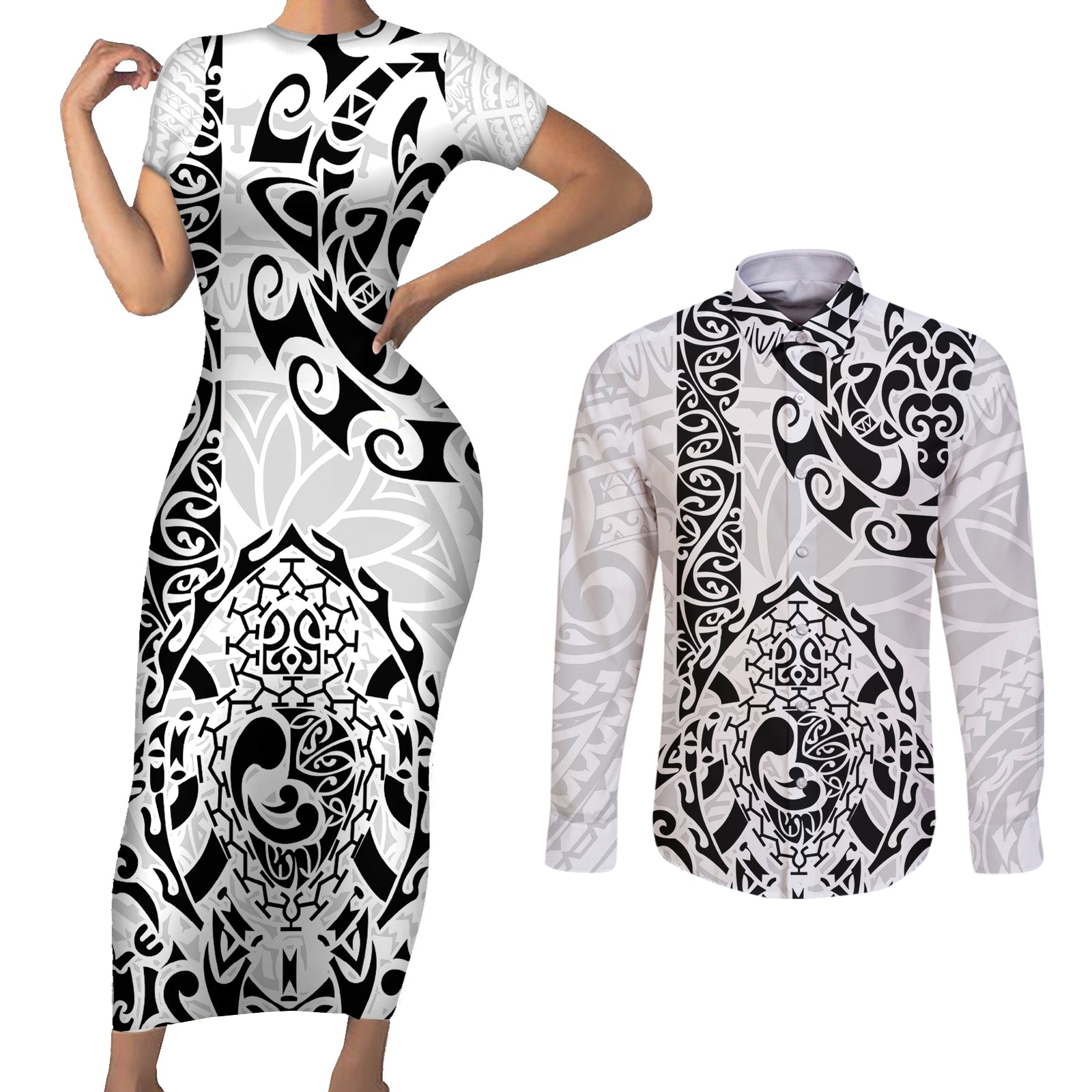 Hawaii Couples Matching Short Sleeve Bodycon Dress and Long Sleeve Button Shirts with Polynesian Turtle TS04 Black White - Polynesian Pride