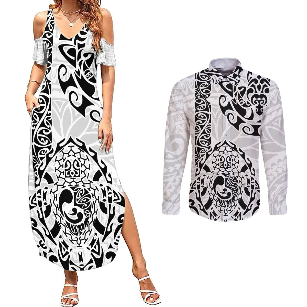 Hawaii Couples Matching Summer Maxi Dress and Long Sleeve Button Shirts with Polynesian Turtle TS04 Black White - Polynesian Pride