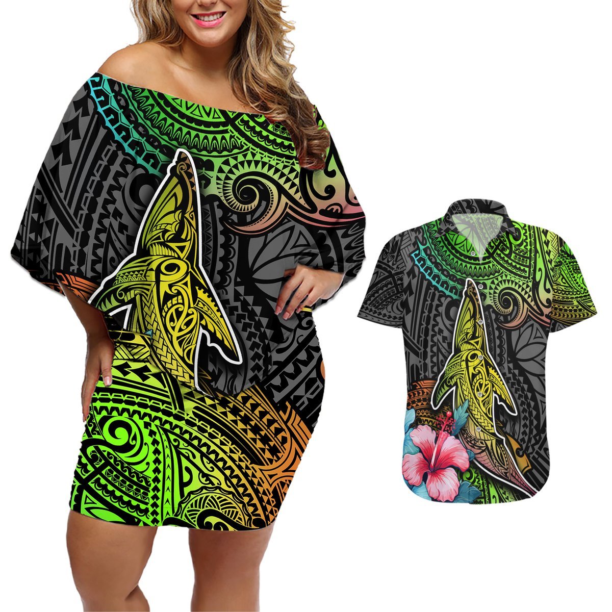 Polynesian Couples Matching Off Shoulder Short Dress and Hawaiian Shirt Whales and Compass Gradient Pattern TS04 Gradient - Polynesian Pride