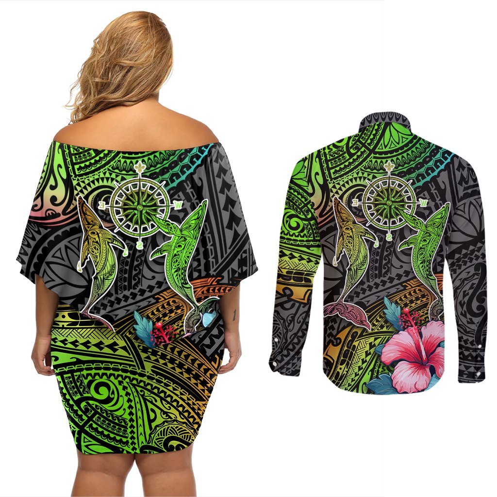 Polynesian Couples Matching Off Shoulder Short Dress and Long Sleeve Button Shirts Whales and Compass Gradient Pattern TS04 - Polynesian Pride