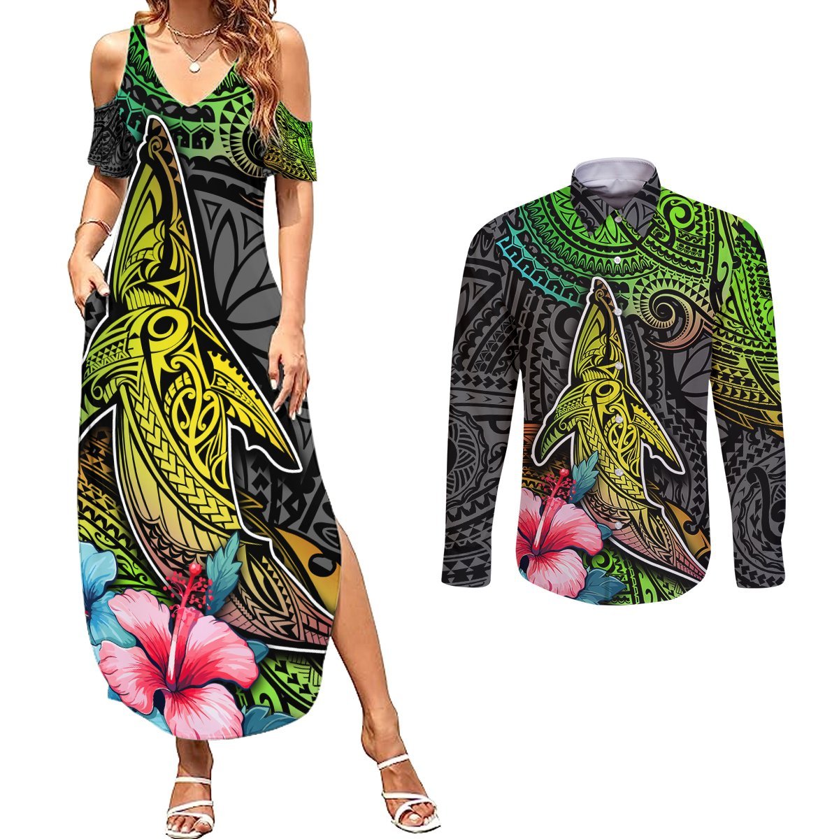 Polynesian Couples Matching Summer Maxi Dress and Long Sleeve Button Shirts Whales and Compass Gradient Pattern TS04 Gradient - Polynesian Pride