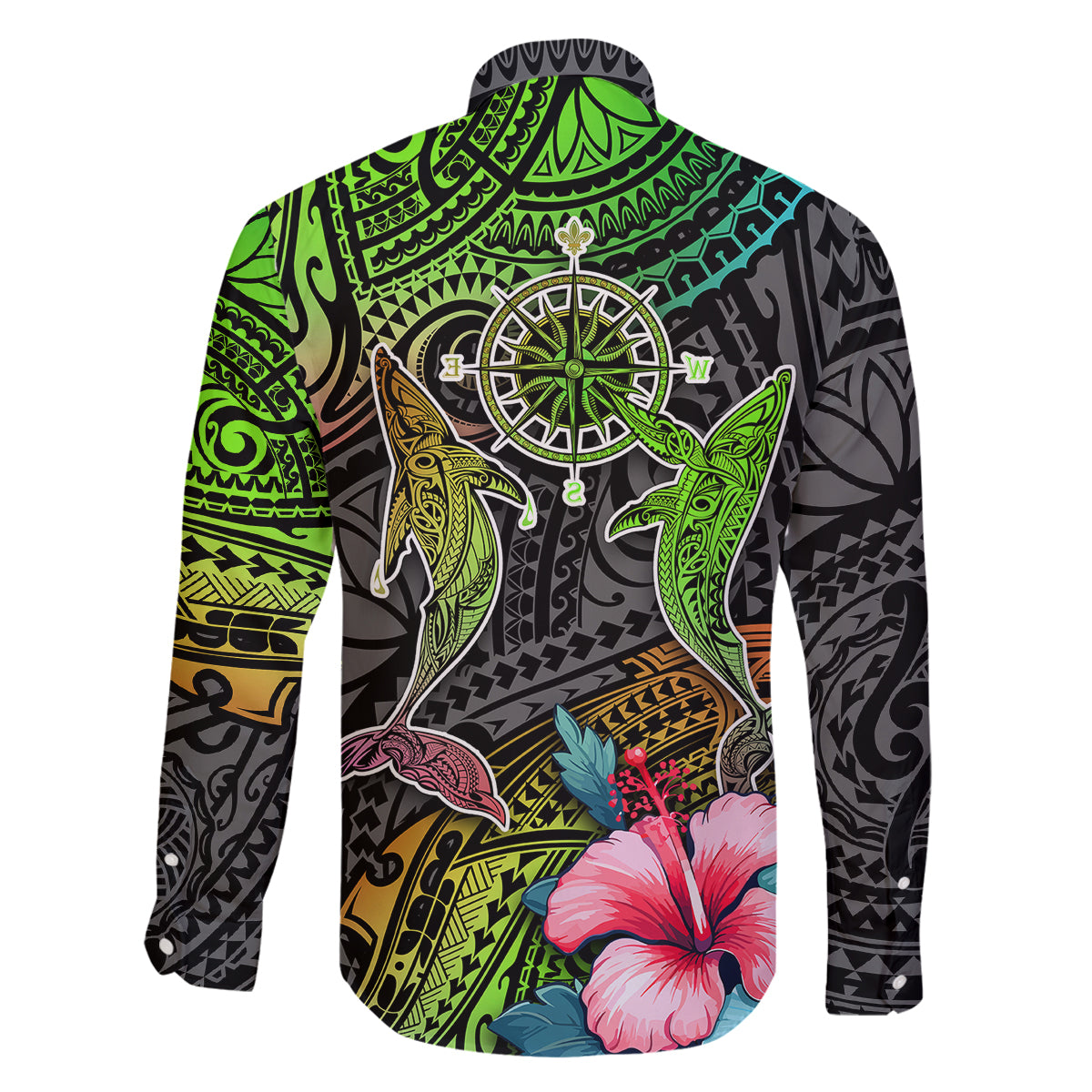 Polynesian Family Matching Off Shoulder Long Sleeve Dress and Hawaiian Shirt Whales and Compass Gradient Pattern TS04 - Polynesian Pride