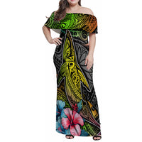 Polynesian Family Matching Off Shoulder Maxi Dress and Hawaiian Shirt Whales and Compass Gradient Pattern TS04 Mom's Dress Gradient - Polynesian Pride