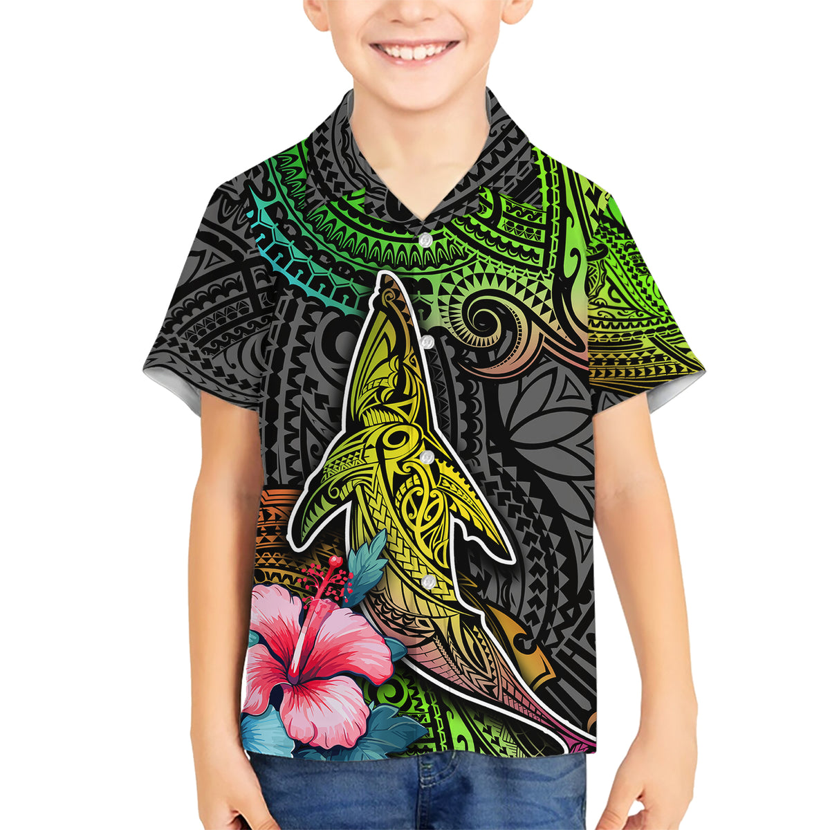 Polynesian Family Matching Short Sleeve Bodycon Dress and Hawaiian Shirt Whales and Compass Gradient Pattern TS04 Son's Shirt Gradient - Polynesian Pride
