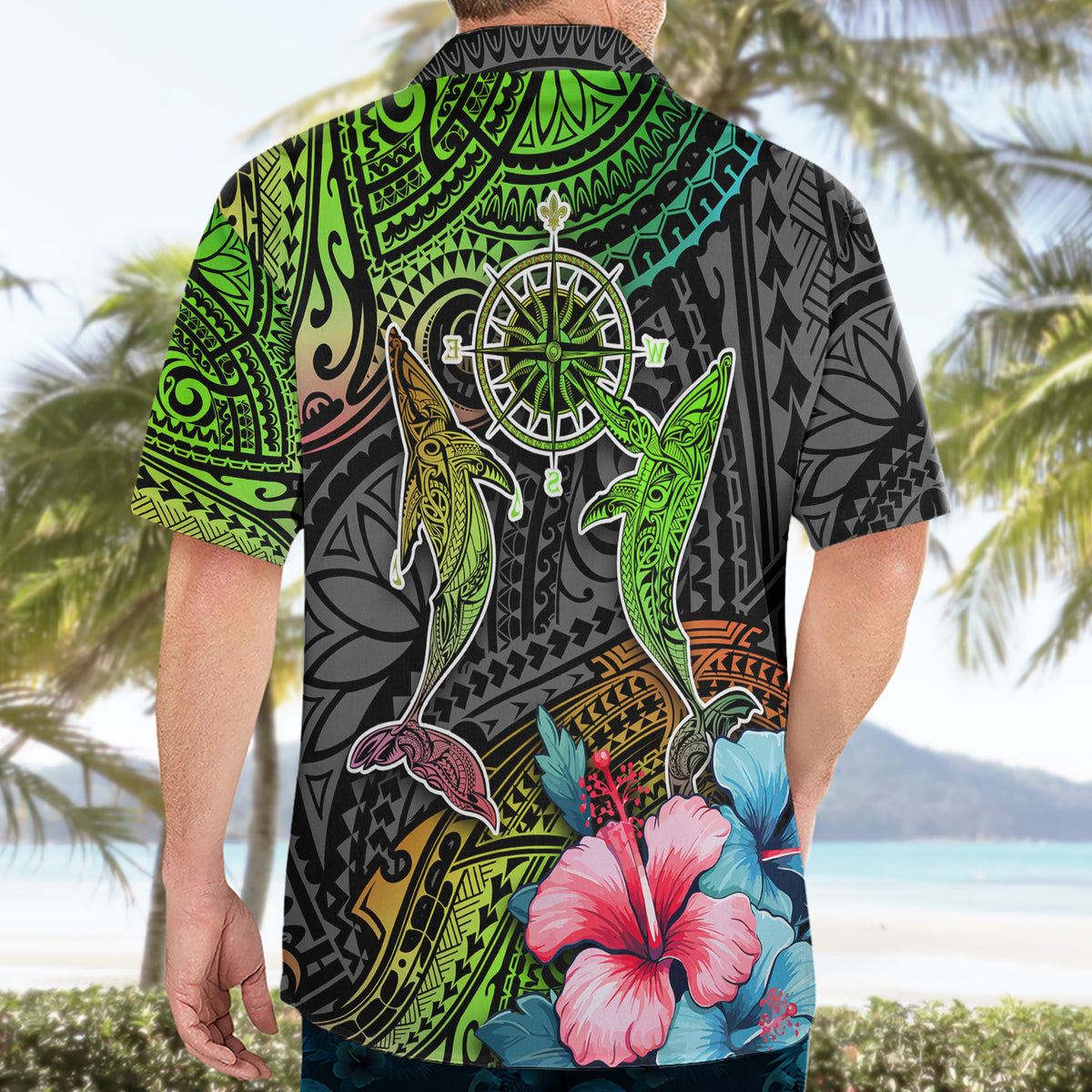 Polynesian Hawaiian Shirt Whales and Compass Gradient Pattern TS04 - Polynesian Pride