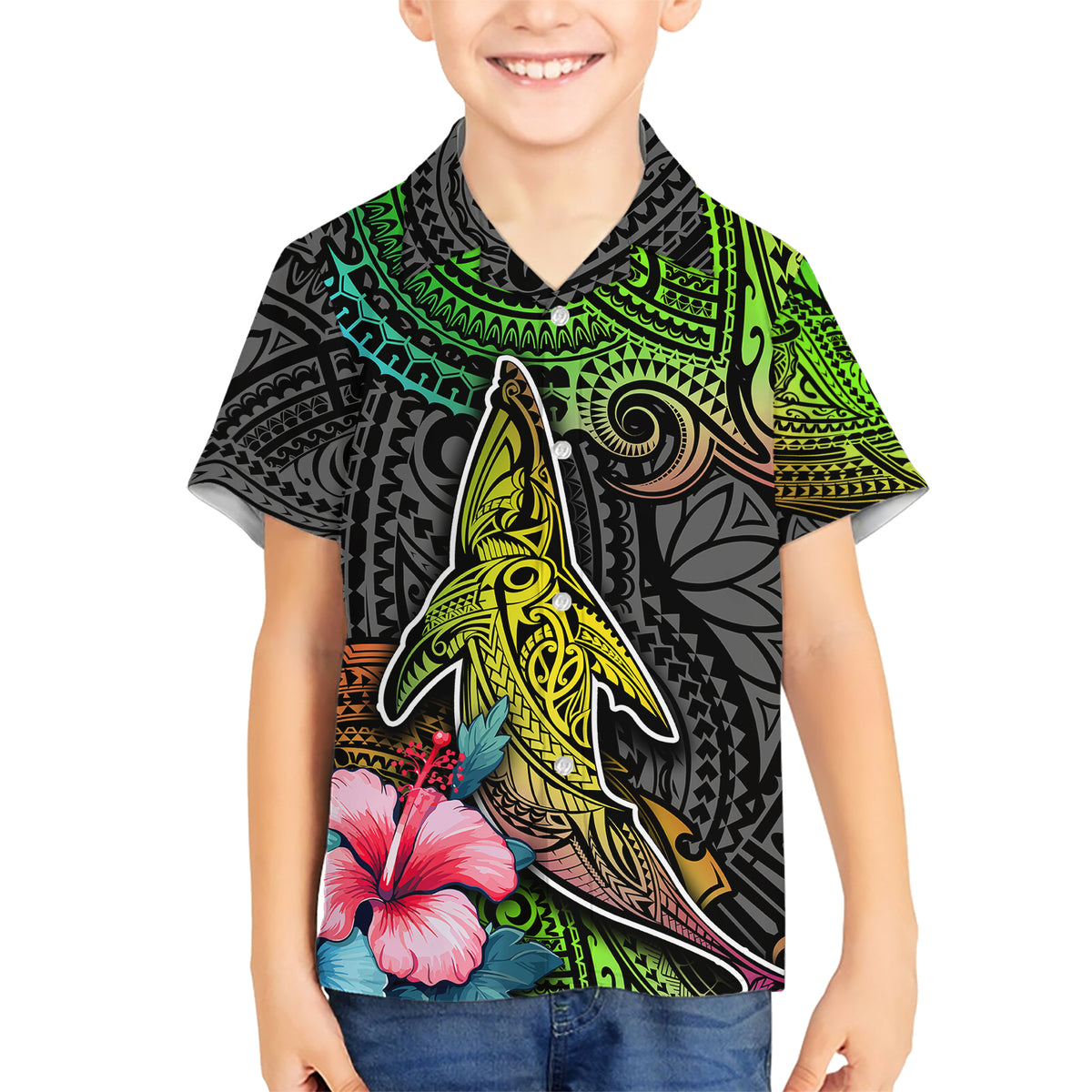 Polynesian Kid Hawaiian Shirt Whales and Compass Gradient Pattern TS04 Kid Gradient - Polynesian Pride