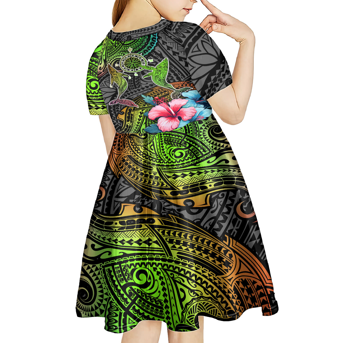 Polynesian Kid Short Sleeve Dress Whales and Compass Gradient Pattern TS04 - Polynesian Pride