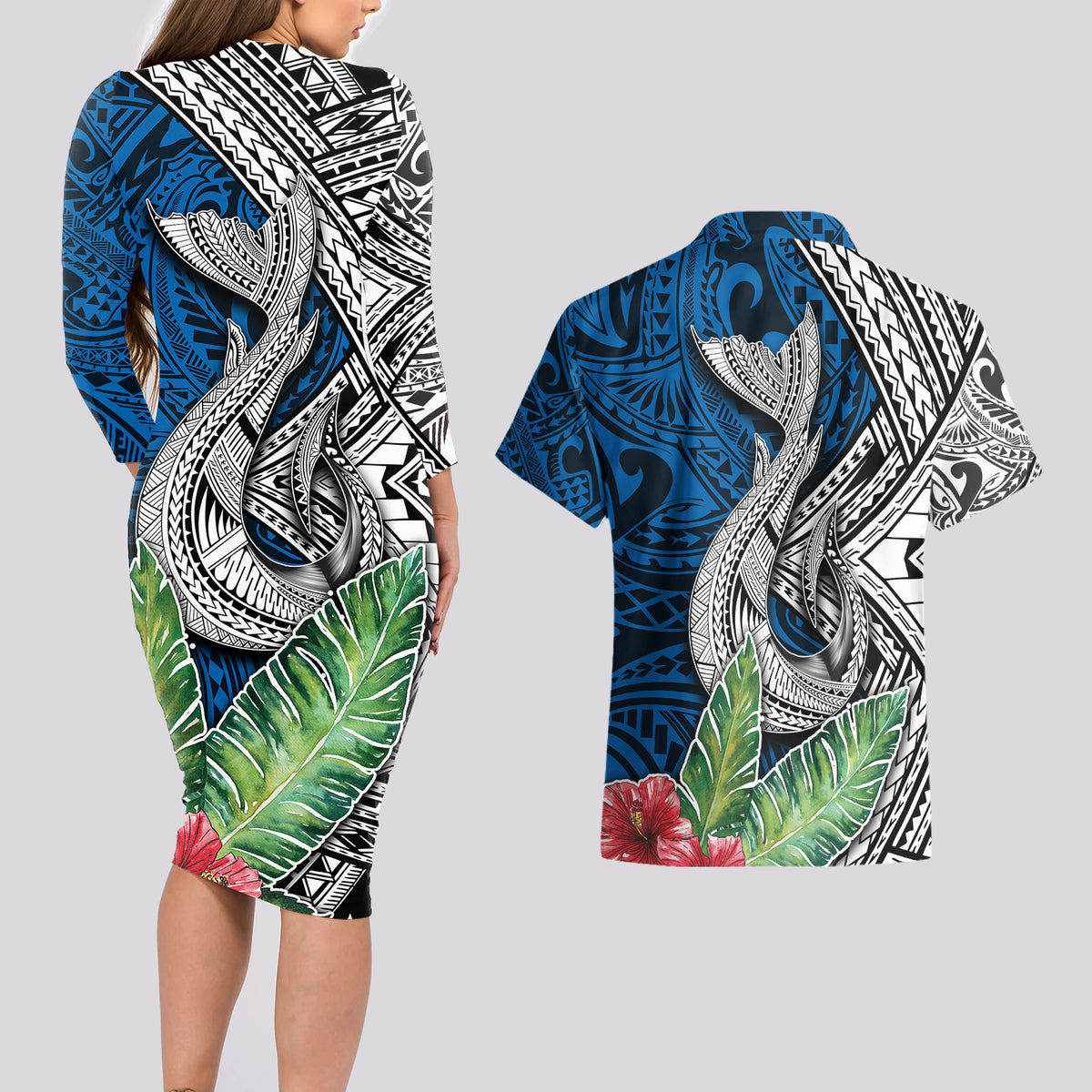 Polynesian Couples Matching Long Sleeve Bodycon Dress and Hawaiian Shirt Whale Pattern and Hibiscus Flowers TS04 - Polynesian Pride