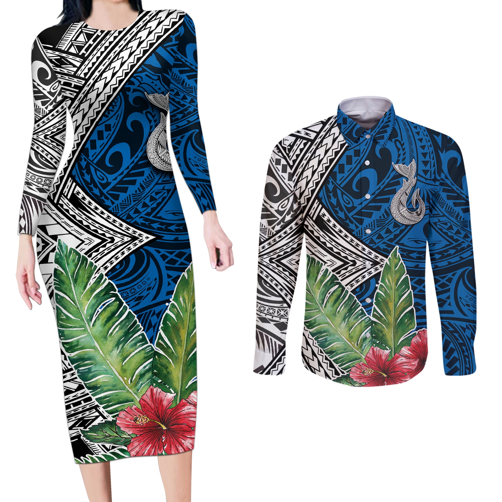 Polynesian Couples Matching Long Sleeve Bodycon Dress and Long Sleeve Button Shirts Whale Pattern and Hibiscus Flowers TS04 Multicolor - Polynesian Pride