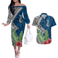 Polynesian Couples Matching Off The Shoulder Long Sleeve Dress and Hawaiian Shirt Whale Pattern and Hibiscus Flowers TS04 Multicolor - Polynesian Pride