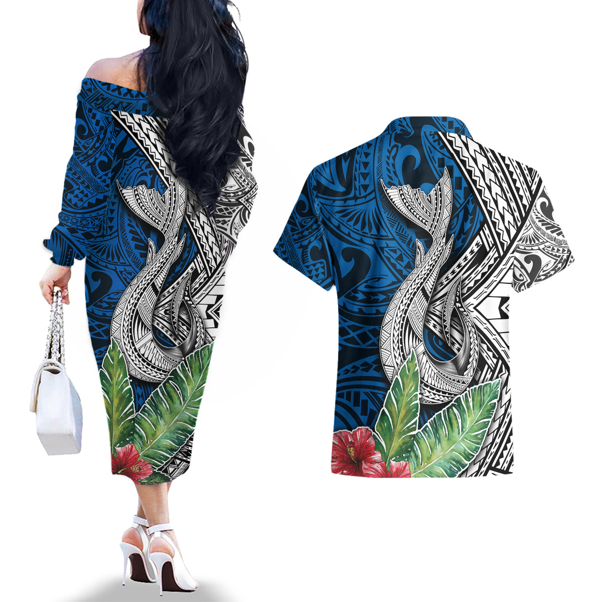 Polynesian Couples Matching Off The Shoulder Long Sleeve Dress and Hawaiian Shirt Whale Pattern and Hibiscus Flowers TS04 - Polynesian Pride