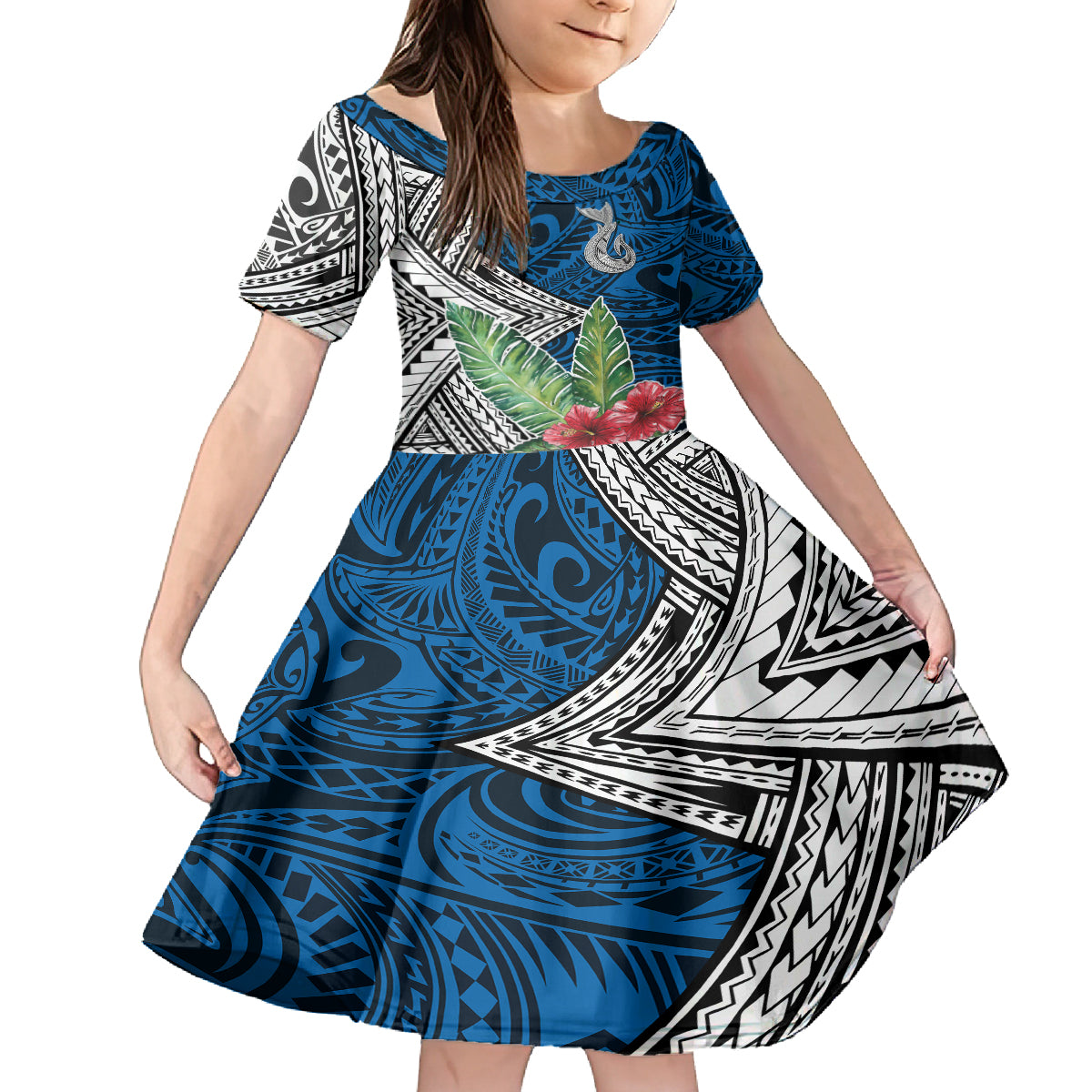 Polynesian Kid Short Sleeve Dress Whale Pattern and Hibiscus Flowers TS04 KID Multicolor - Polynesian Pride