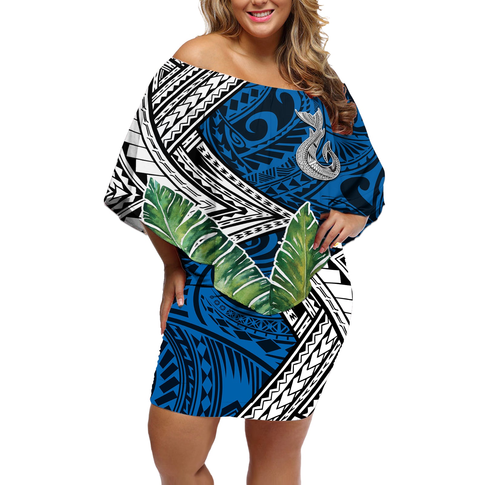 Polynesian Off Shoulder Short Dress Whale Pattern and Hibiscus Flowers TS04 Women Multicolor - Polynesian Pride