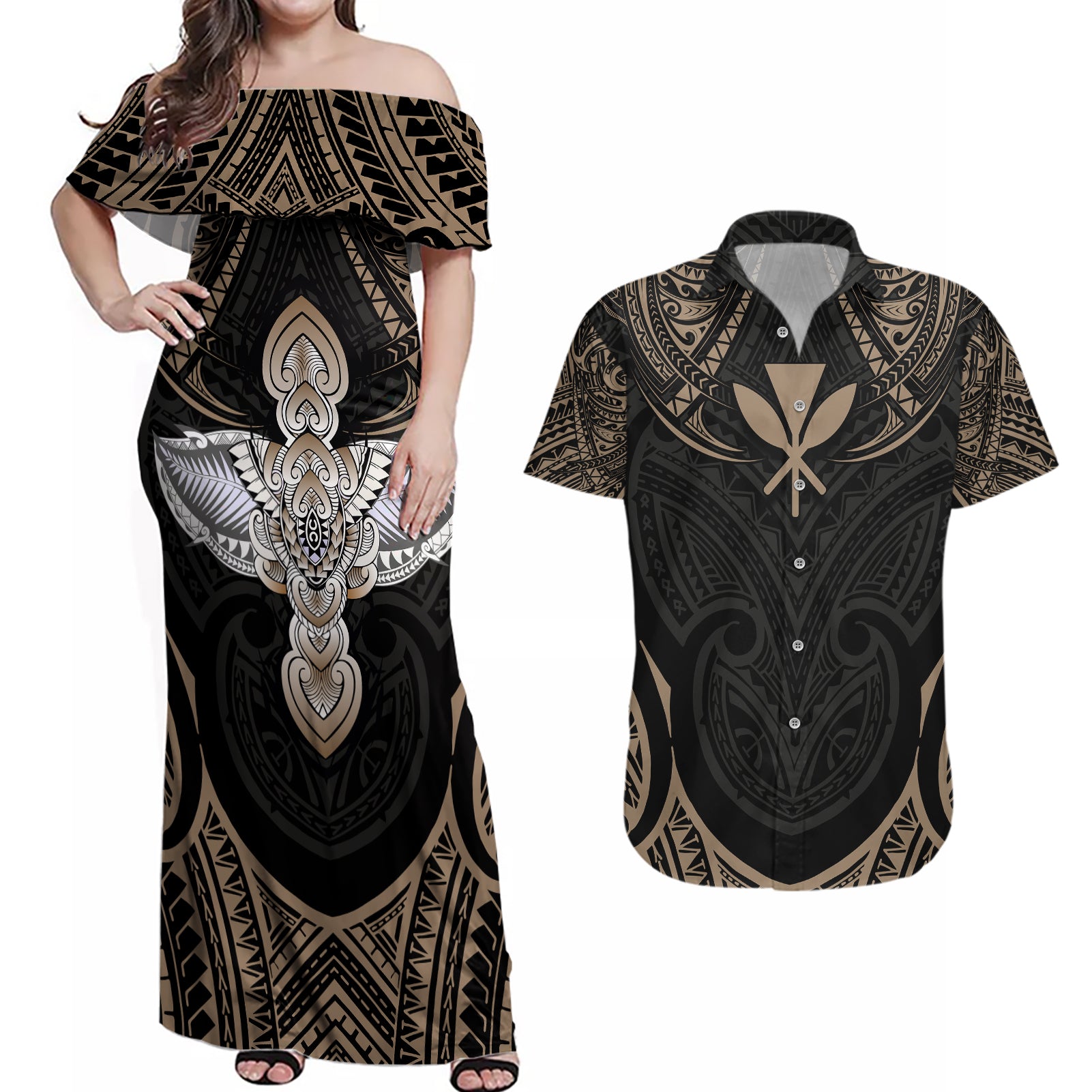 Polynesian Hawaii Tattoo Couples Matching Off Shoulder Maxi Dress and Hawaiian Shirt TS04 Multicolor - Polynesian Pride