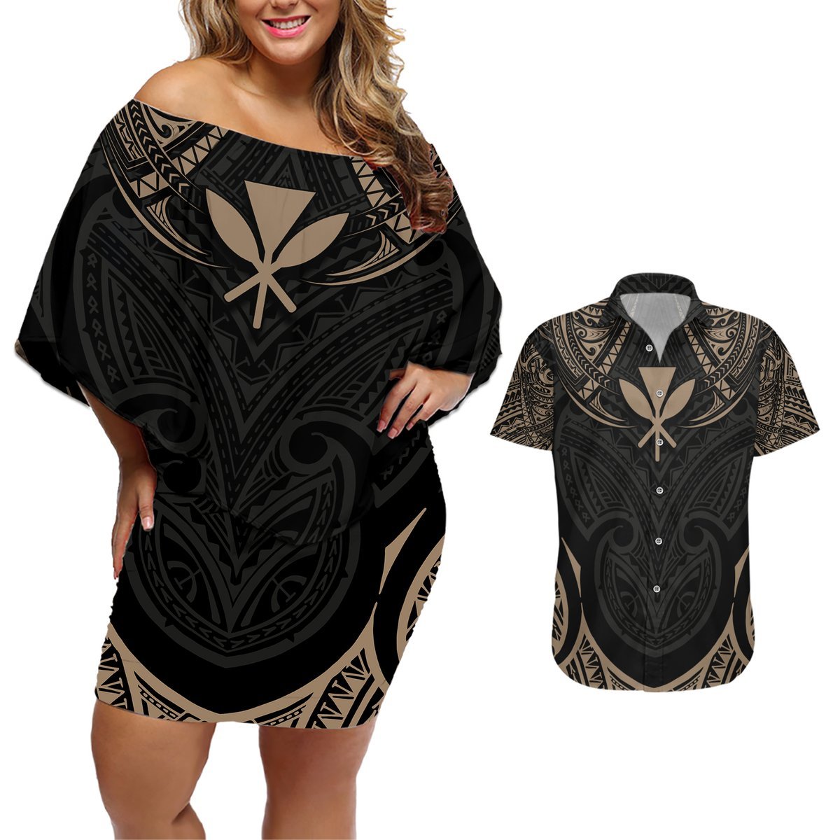 Polynesian Hawaii Tattoo Couples Matching Off Shoulder Short Dress and Hawaiian Shirt TS04 Multicolor - Polynesian Pride