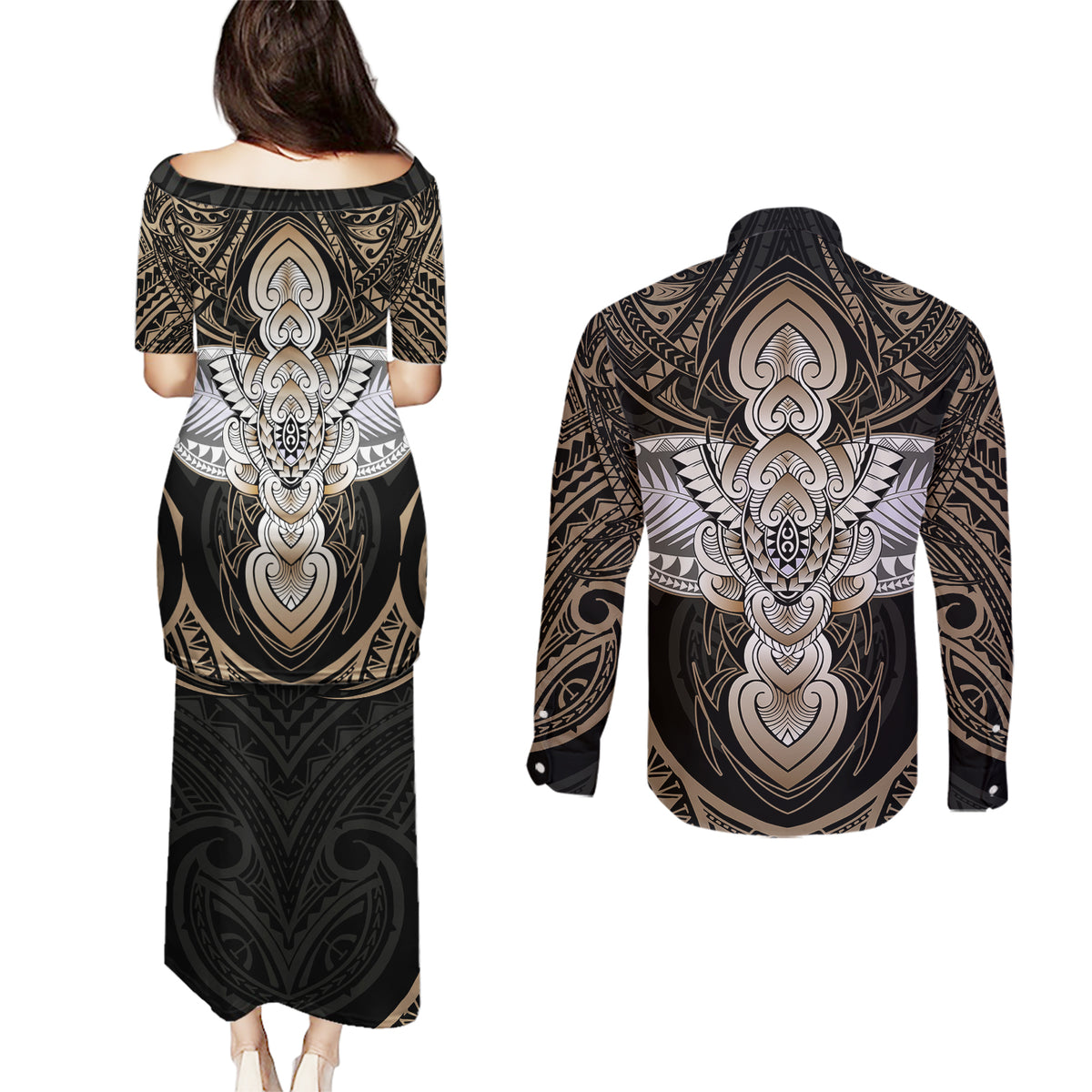Polynesian Hawaii Tattoo Couples Matching Puletasi Dress and Long Sleeve Button Shirts TS04 - Polynesian Pride