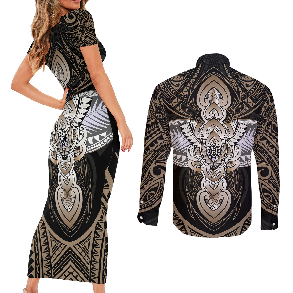 Polynesian Hawaii Tattoo Couples Matching Short Sleeve Bodycon Dress and Long Sleeve Button Shirts TS04 - Polynesian Pride