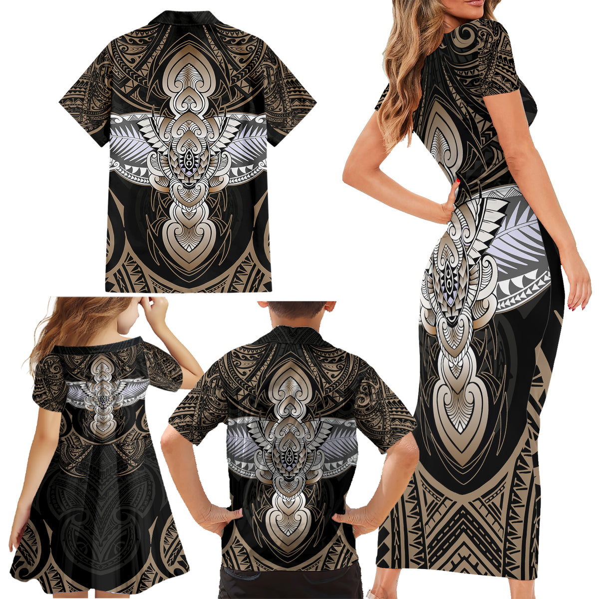 Polynesian Hawaii Tattoo Family Matching Short Sleeve Bodycon Dress and Hawaiian Shirt TS04 - Polynesian Pride