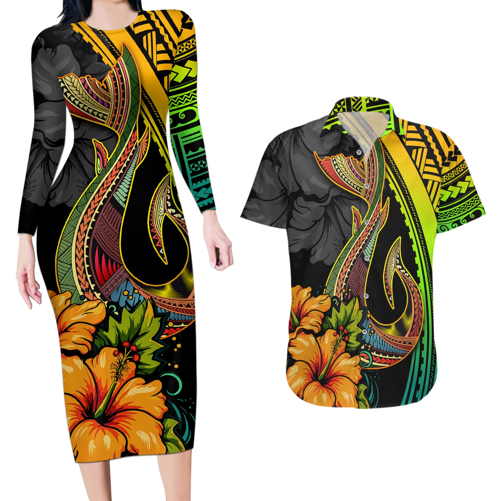 Hawaii Couples Matching Long Sleeve Bodycon Dress and Hawaiian Shirt Polynesian Fish Hook and Hibiscus Flowers with Gradient Pattern TS04 Multicolor - Polynesian Pride