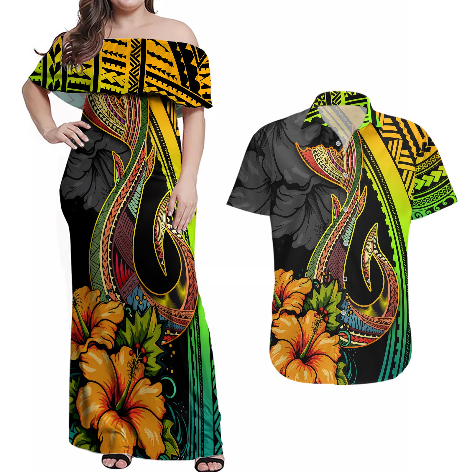 Hawaii Couples Matching Off Shoulder Maxi Dress and Hawaiian Shirt Polynesian Fish Hook and Hibiscus Flowers with Gradient Pattern TS04 Multicolor - Polynesian Pride