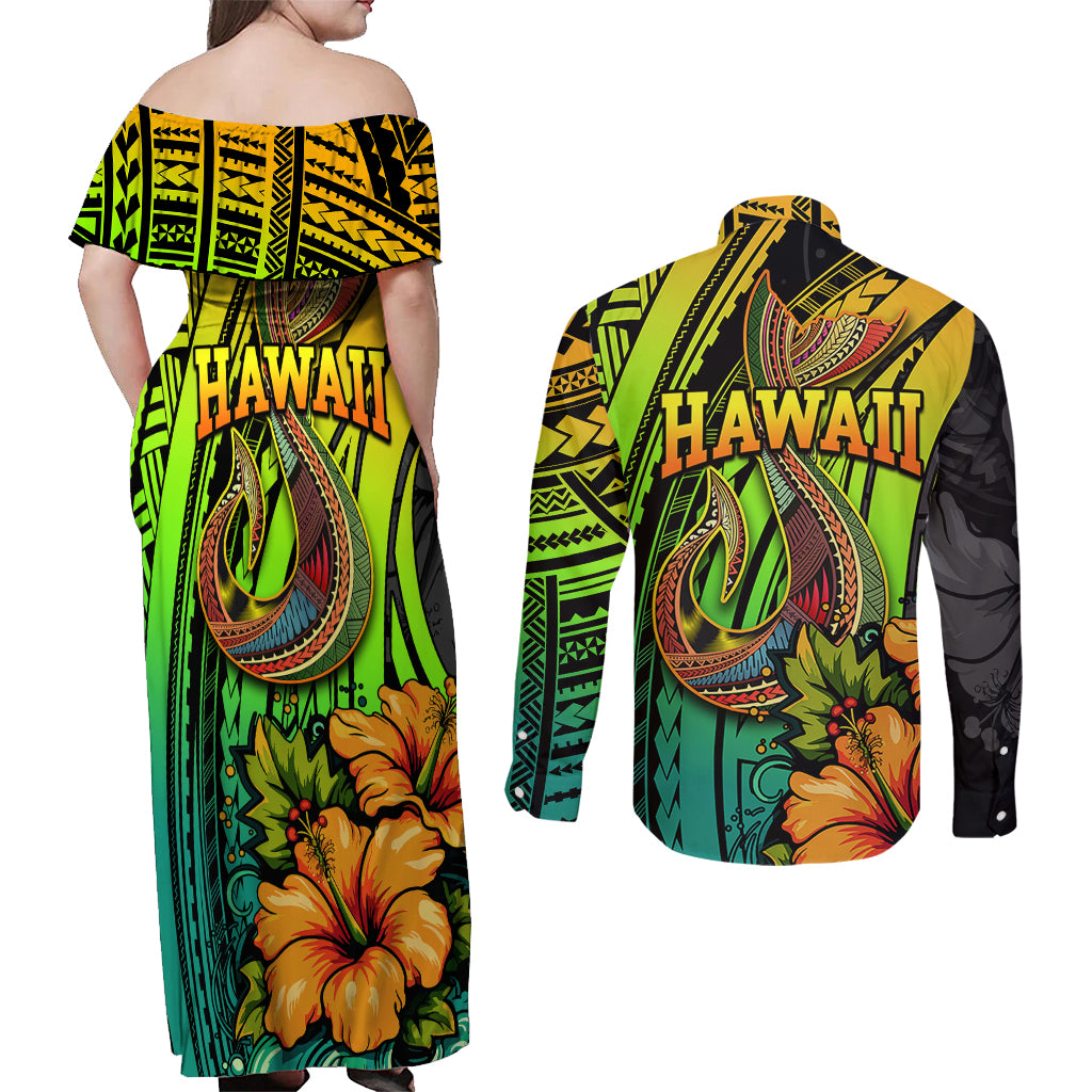 Hawaii Couples Matching Off Shoulder Maxi Dress and Long Sleeve Button Shirts Polynesian Fish Hook and Hibiscus Flowers with Gradient Pattern TS04 - Polynesian Pride