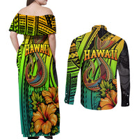 Hawaii Couples Matching Off Shoulder Maxi Dress and Long Sleeve Button Shirts Polynesian Fish Hook and Hibiscus Flowers with Gradient Pattern TS04 - Polynesian Pride