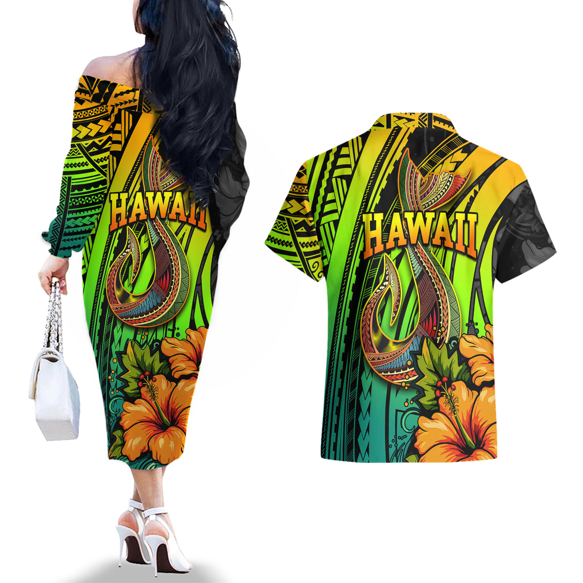 Hawaii Couples Matching Off The Shoulder Long Sleeve Dress and Hawaiian Shirt Polynesian Fish Hook and Hibiscus Flowers with Gradient Pattern TS04 - Polynesian Pride