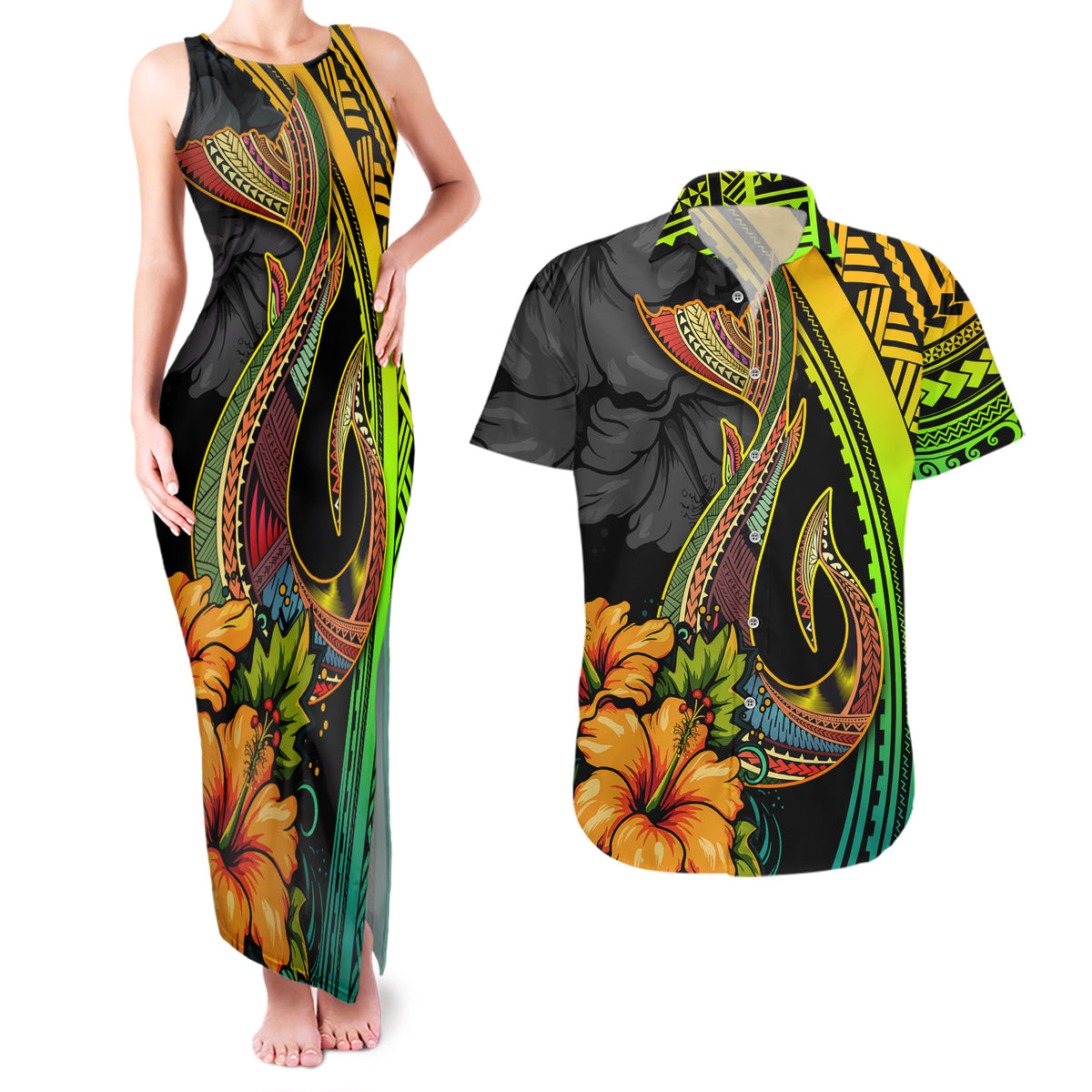 Hawaii Couples Matching Tank Maxi Dress and Hawaiian Shirt Polynesian Fish Hook and Hibiscus Flowers with Gradient Pattern TS04 Multicolor - Polynesian Pride