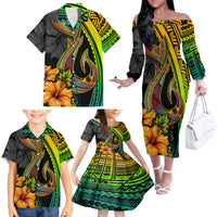 Hawaii Family Matching Off Shoulder Long Sleeve Dress and Hawaiian Shirt Polynesian Fish Hook and Hibiscus Flowers with Gradient Pattern TS04 - Polynesian Pride